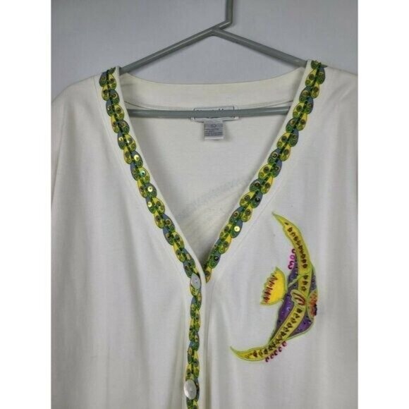 Vintage Lisa Ashley Womens Wearable Art Fish Cardigan Large White Embroidered - Picture 2 of 11